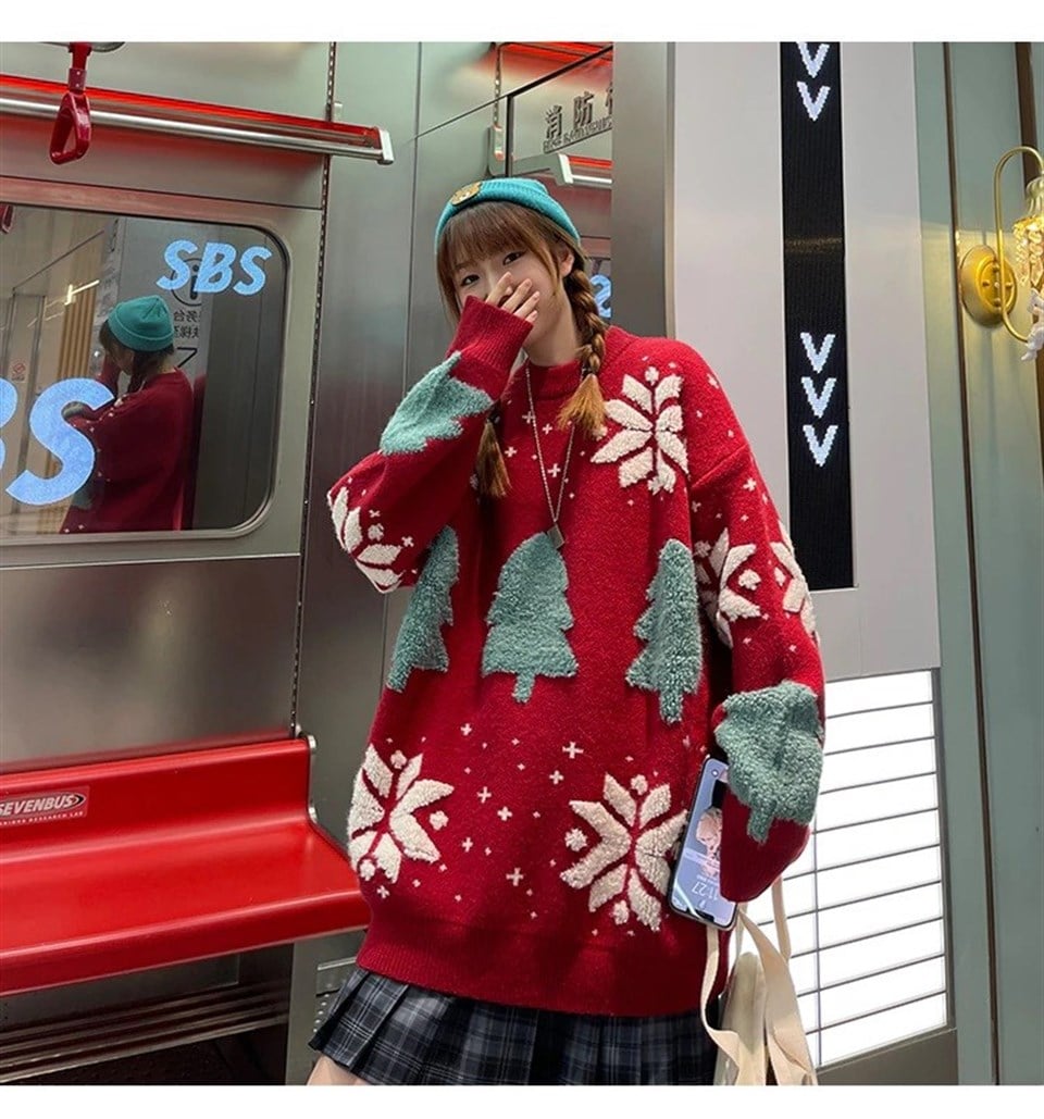 Harajuku Yılbaşı Kabartmalı Triko Kırmızı Kazak