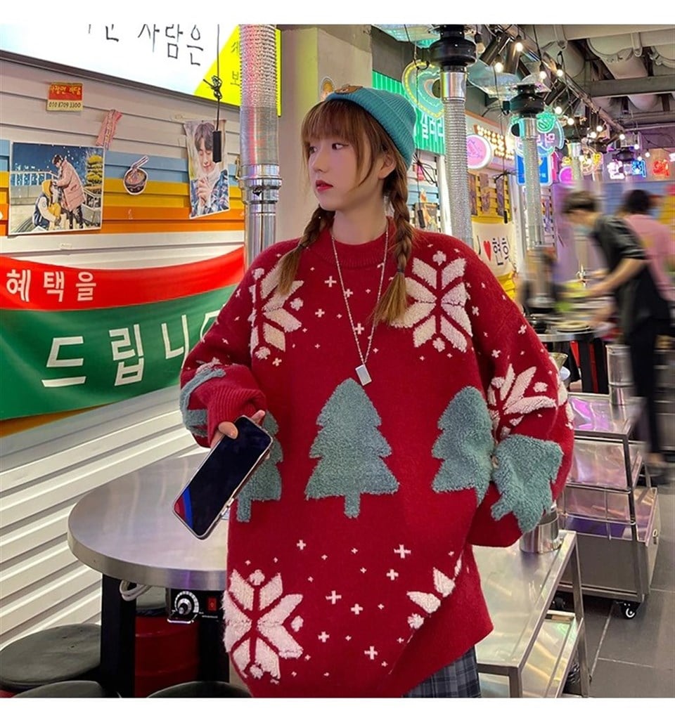 Harajuku Yılbaşı Kabartmalı Triko Kırmızı Kazak