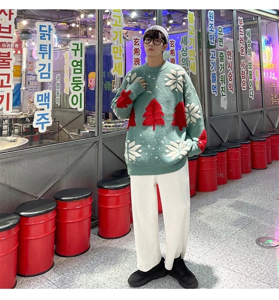 Harajuku Yılbaşı Kabartmalı Triko Yeşil  Kazak