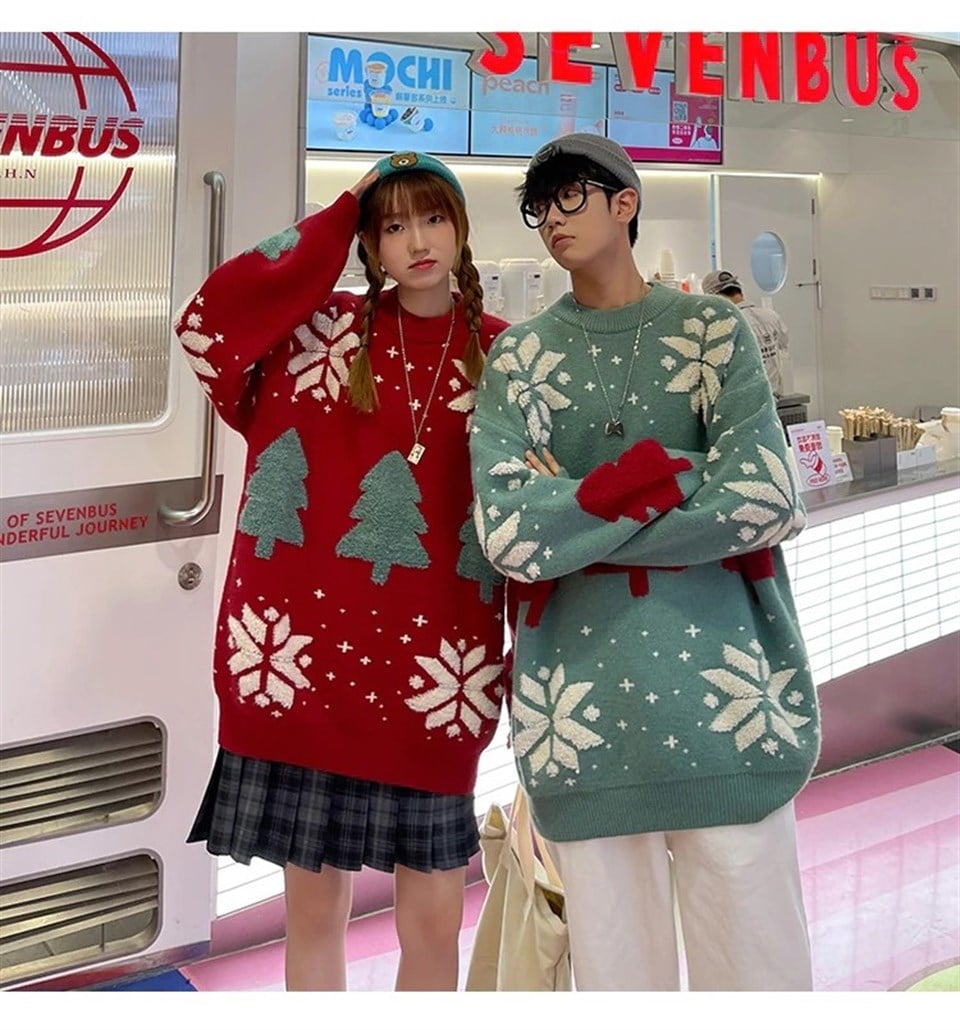 Harajuku Yılbaşı Kabartmalı Triko Yeşil  Kazak