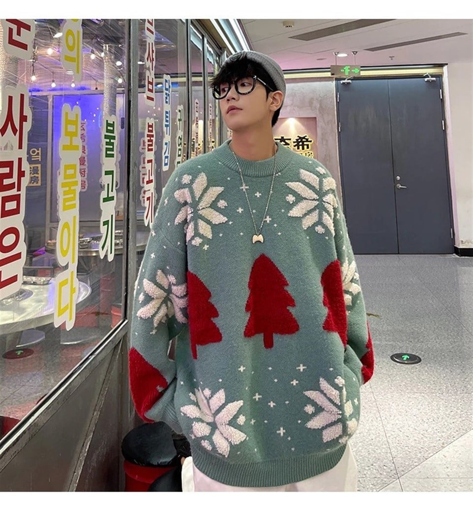 Harajuku Yılbaşı Kabartmalı Triko Yeşil  Kazak