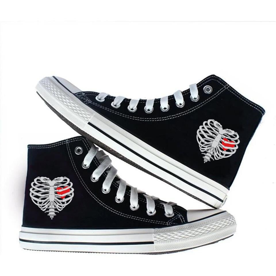 Heart In Heart Rib Baskılı Siyah Unisex Kanvas Ayakkabı