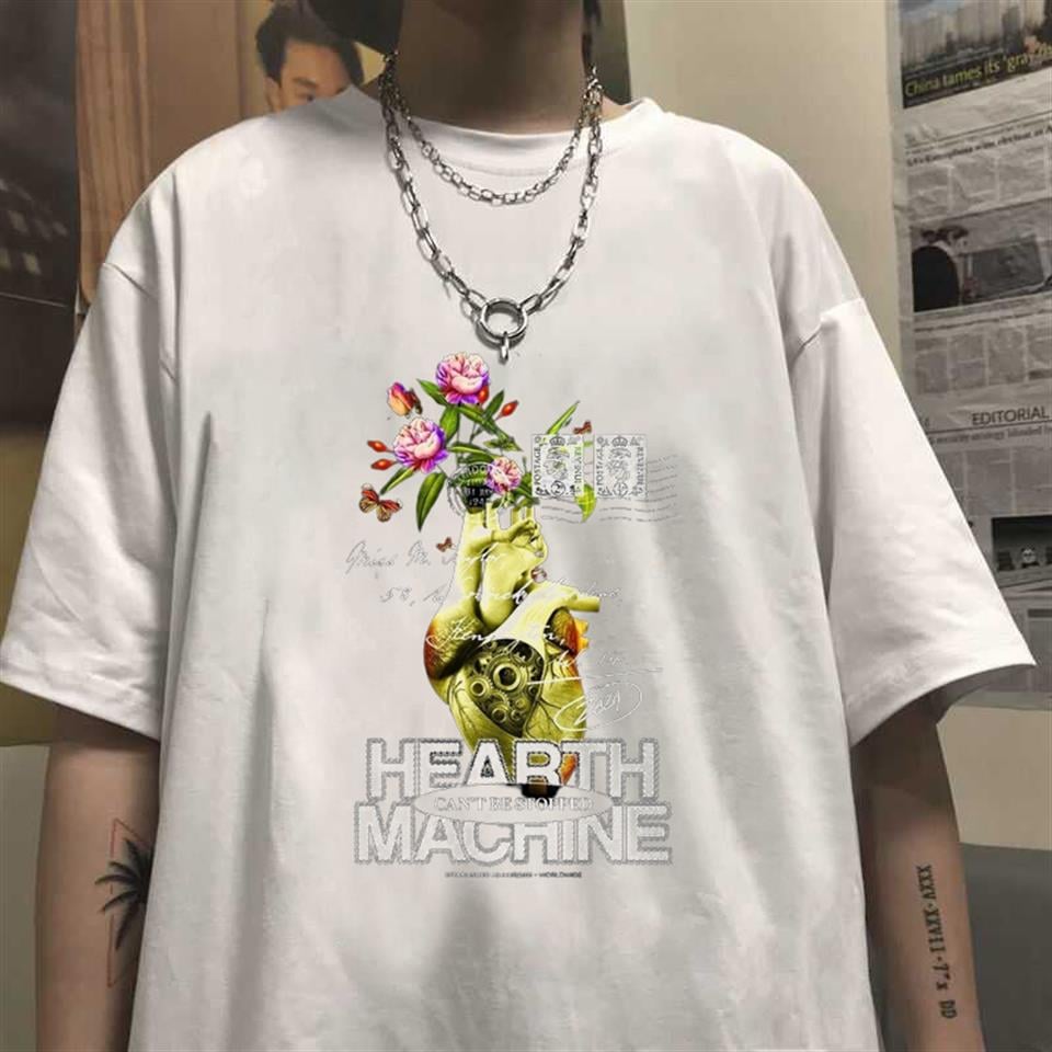 Heart Machine Baskılı Beyaz Unisex Oversize T-shirt