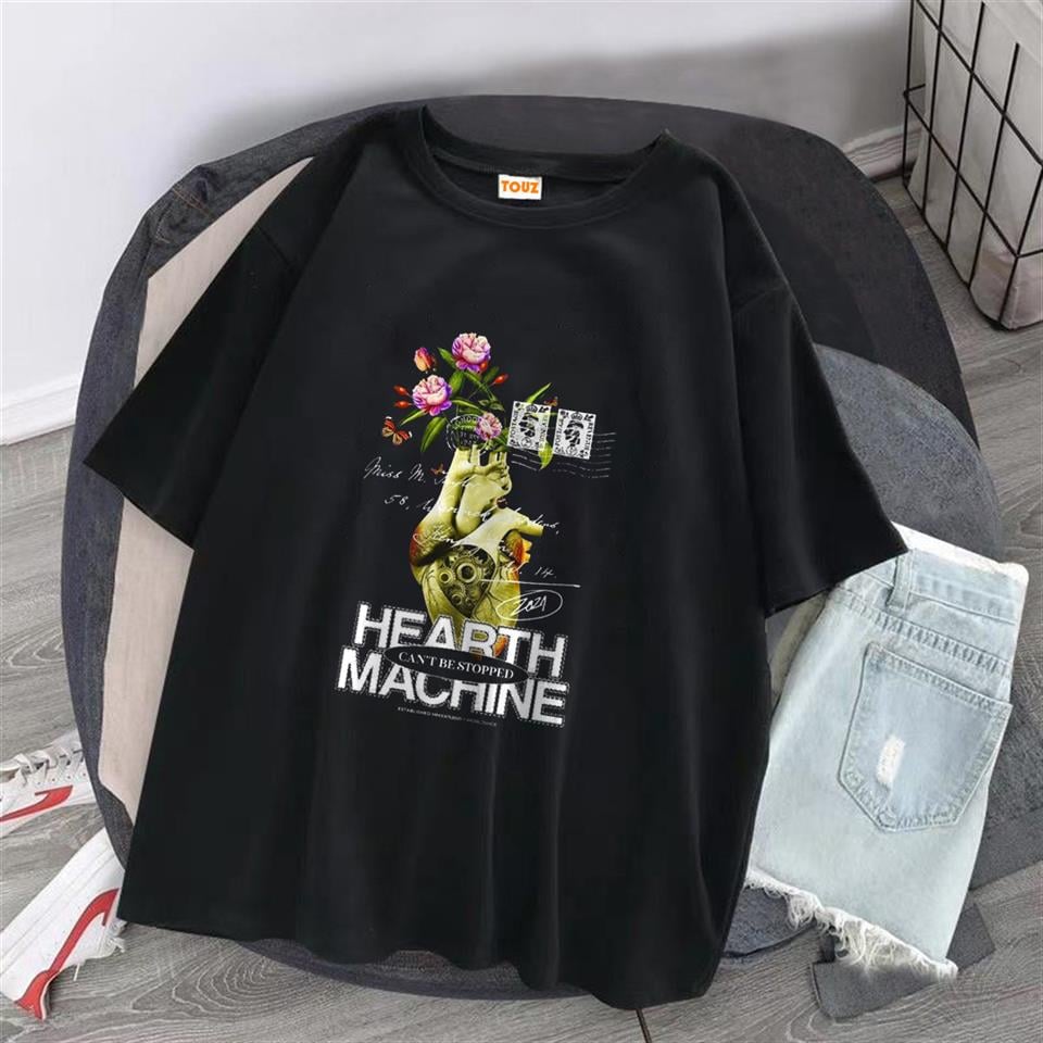Heart Machine Baskılı Siyah Unisex Oversize T-shirt