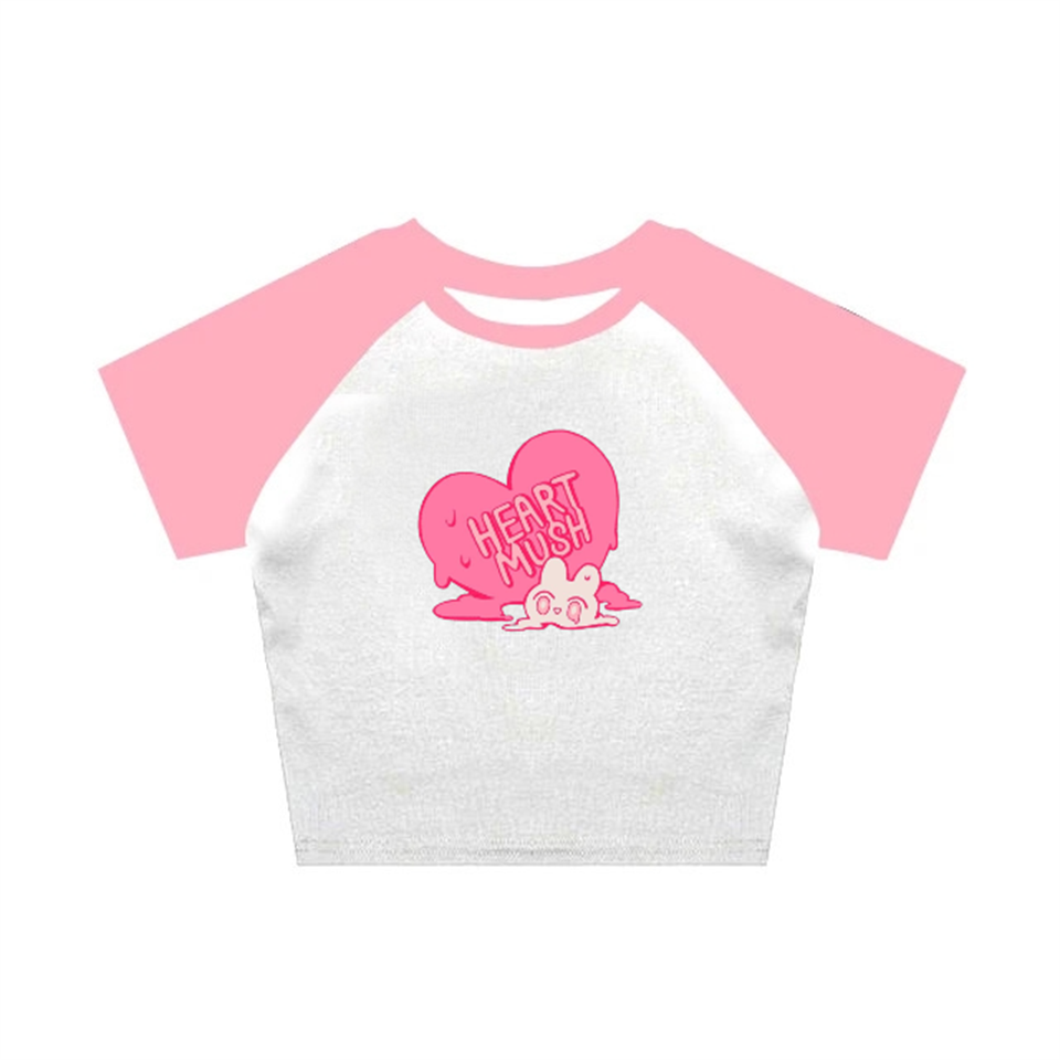 Heart Mush Baskılı Pembe Reglan Kol Beyaz Crop