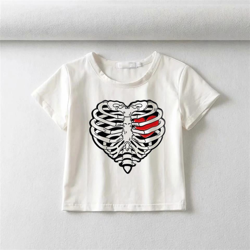 Heart Rib Baskılı Beyaz Crop