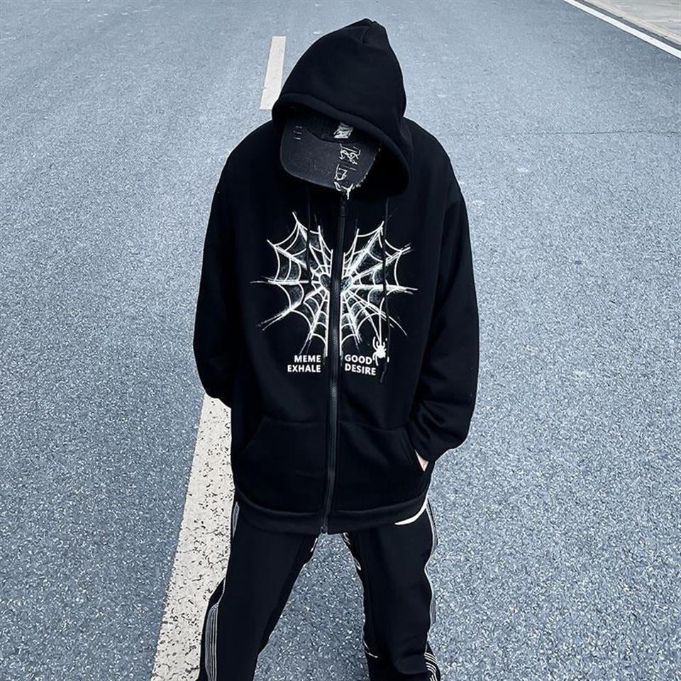 Heart Spider Web Baskılı Oversize Fermuarlı Siyah Unisex Kapüşonlu Hırka