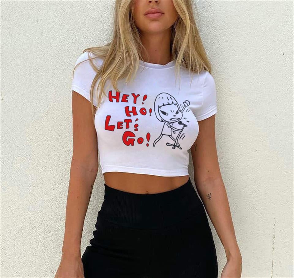'Hey Ho Lets Go' Baskılı Beyaz Crop