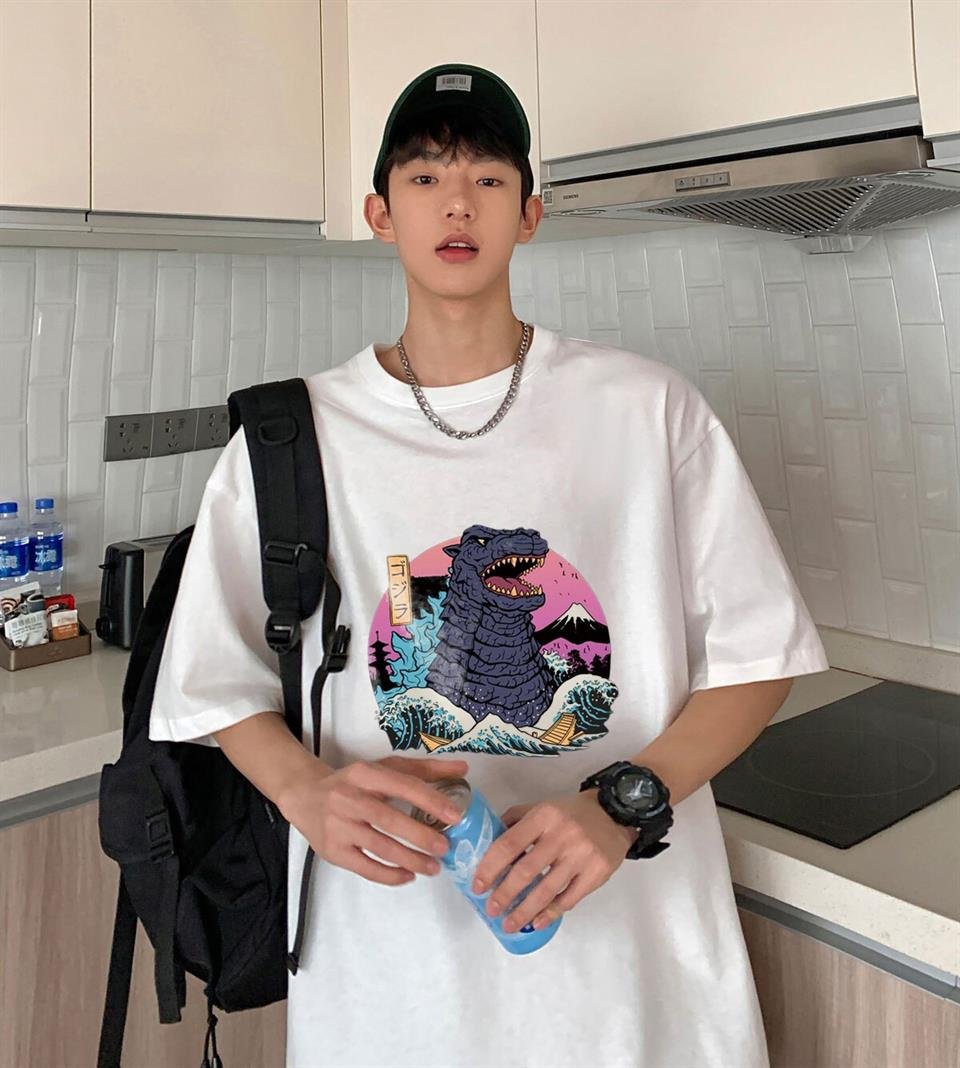 Hokusai Godzilla Beyaz Unisex Oversize T-shirt