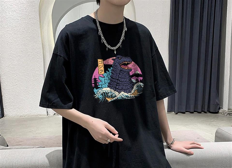 Hokusai Godzilla Siyah Unisex Oversize T-shirt