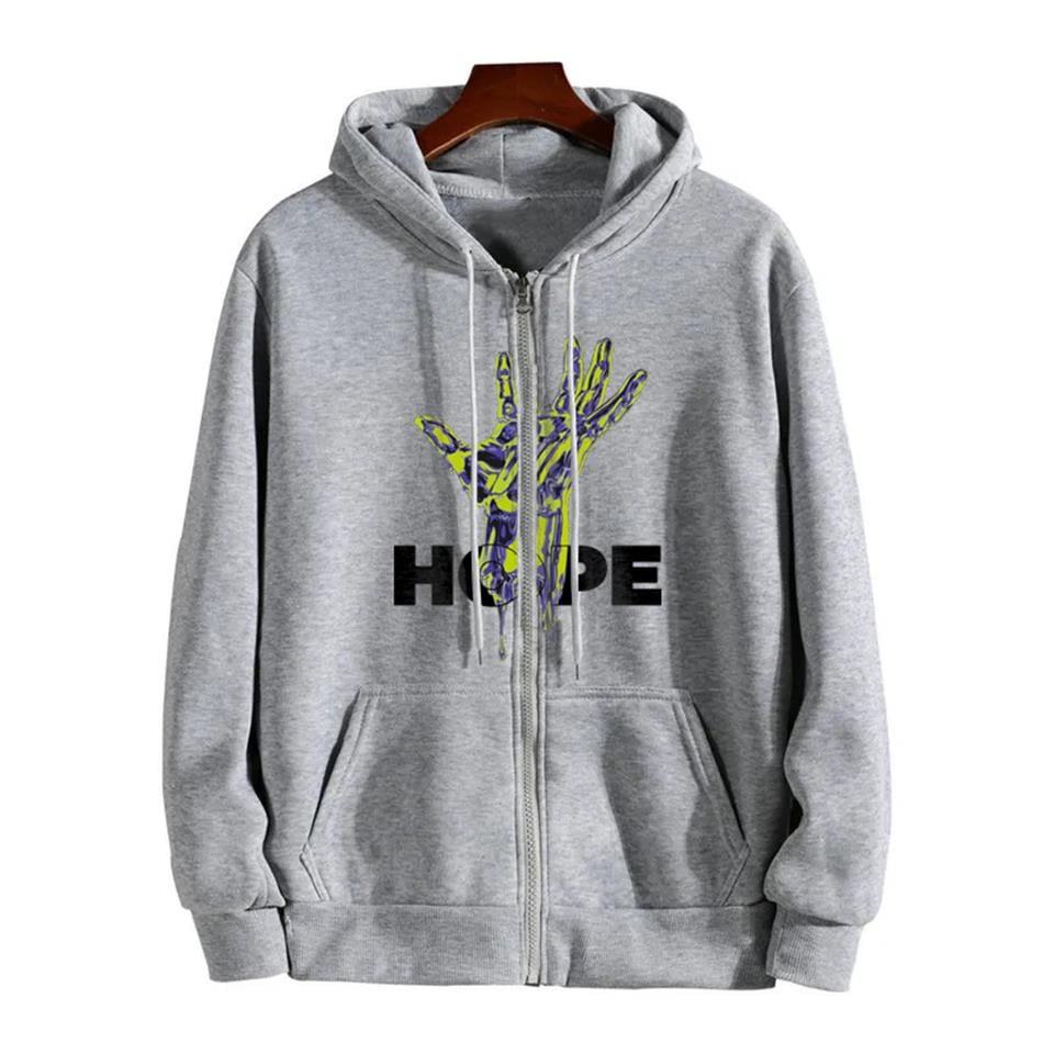Hope Hand Baskılı Oversize Fermuarlı Gri Unisex Kapüşonlu Hırka