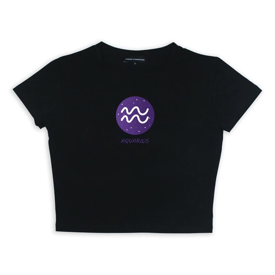 Horoscope Series Aquarius Baskılı Siyah Crop
