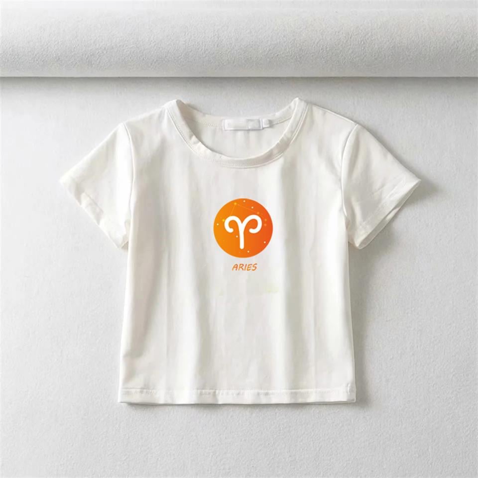 Horoscope Series Aries Baskılı Beyaz Crop