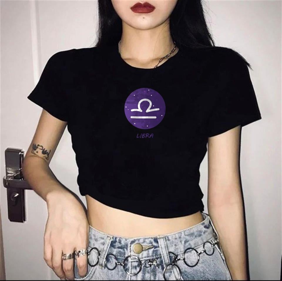 Horoscope Series Libra Baskılı Siyah Crop