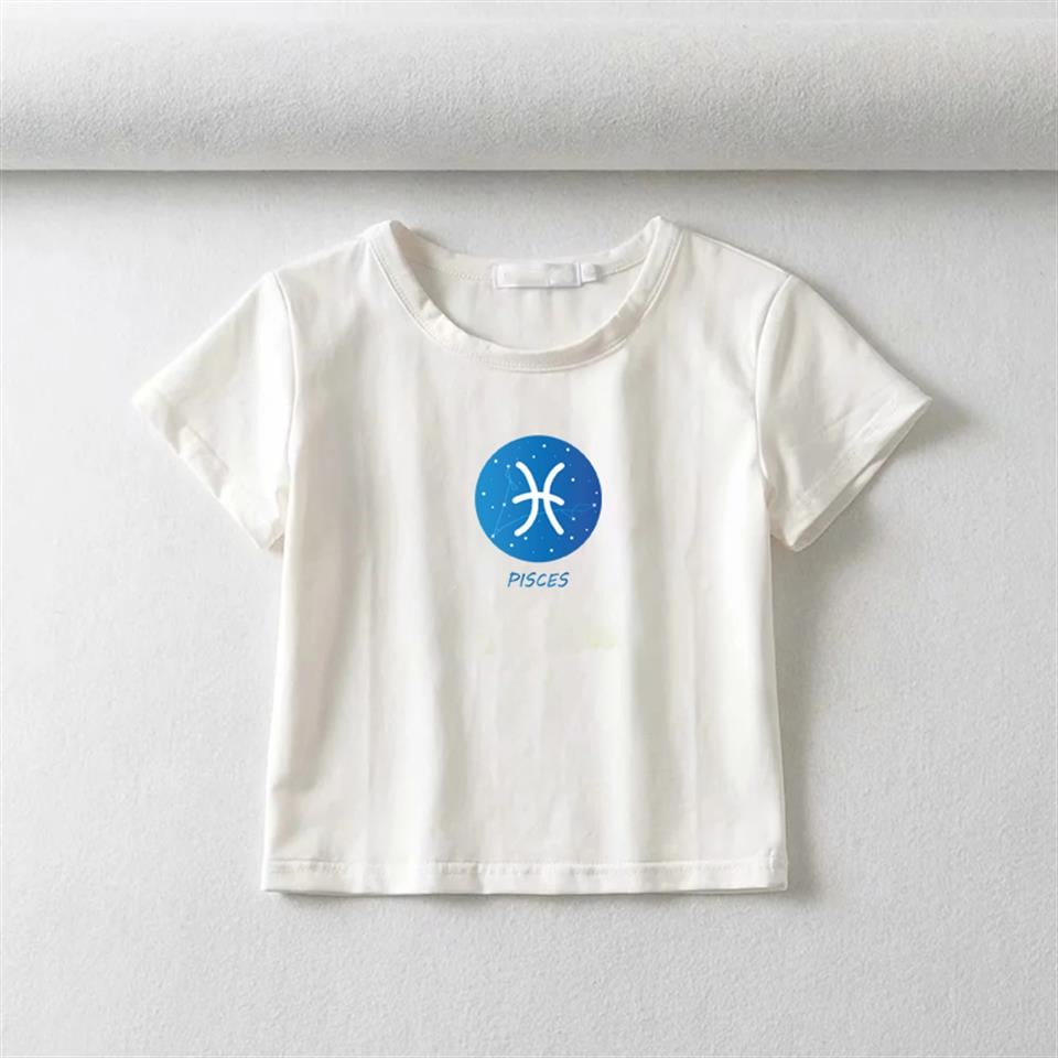 Horoscope Series Pisces Baskılı Beyaz Crop