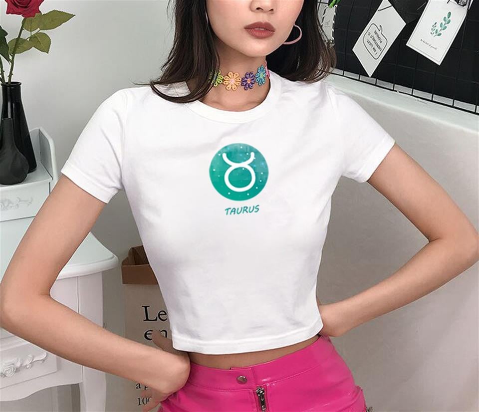 Horoscope Series Taurus Baskılı Beyaz Crop