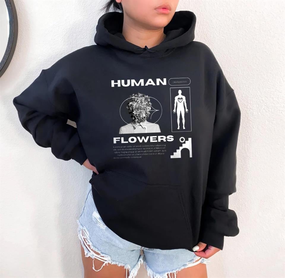 Human Flowers Siyah Unisex Kapüşonlu Oversize Sweatshirt Hoodie