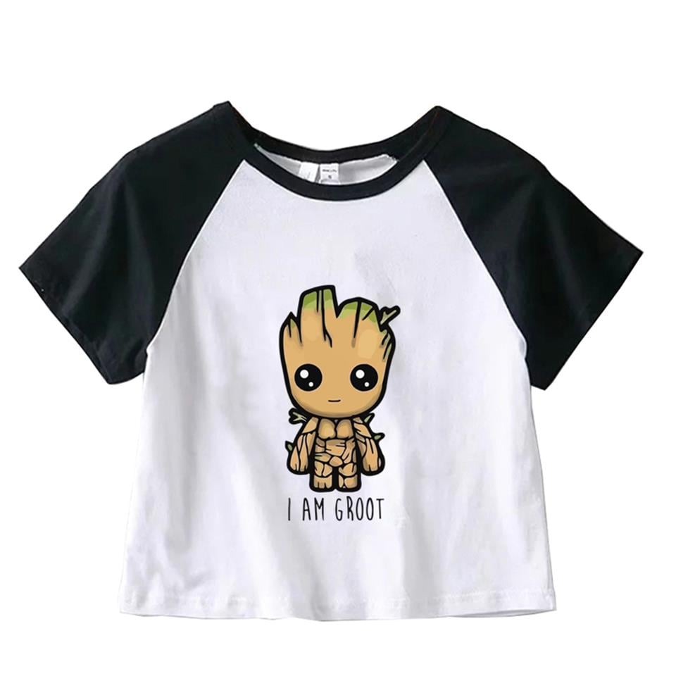 I Am Groot Baskılı Reglan Kol Beyaz Crop