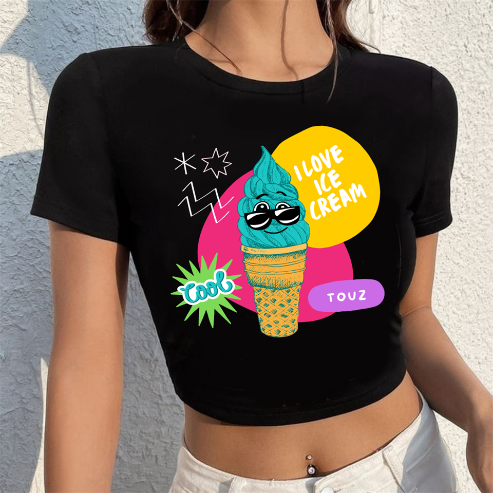 I Love Icrecream Baskılı Siyah Crop