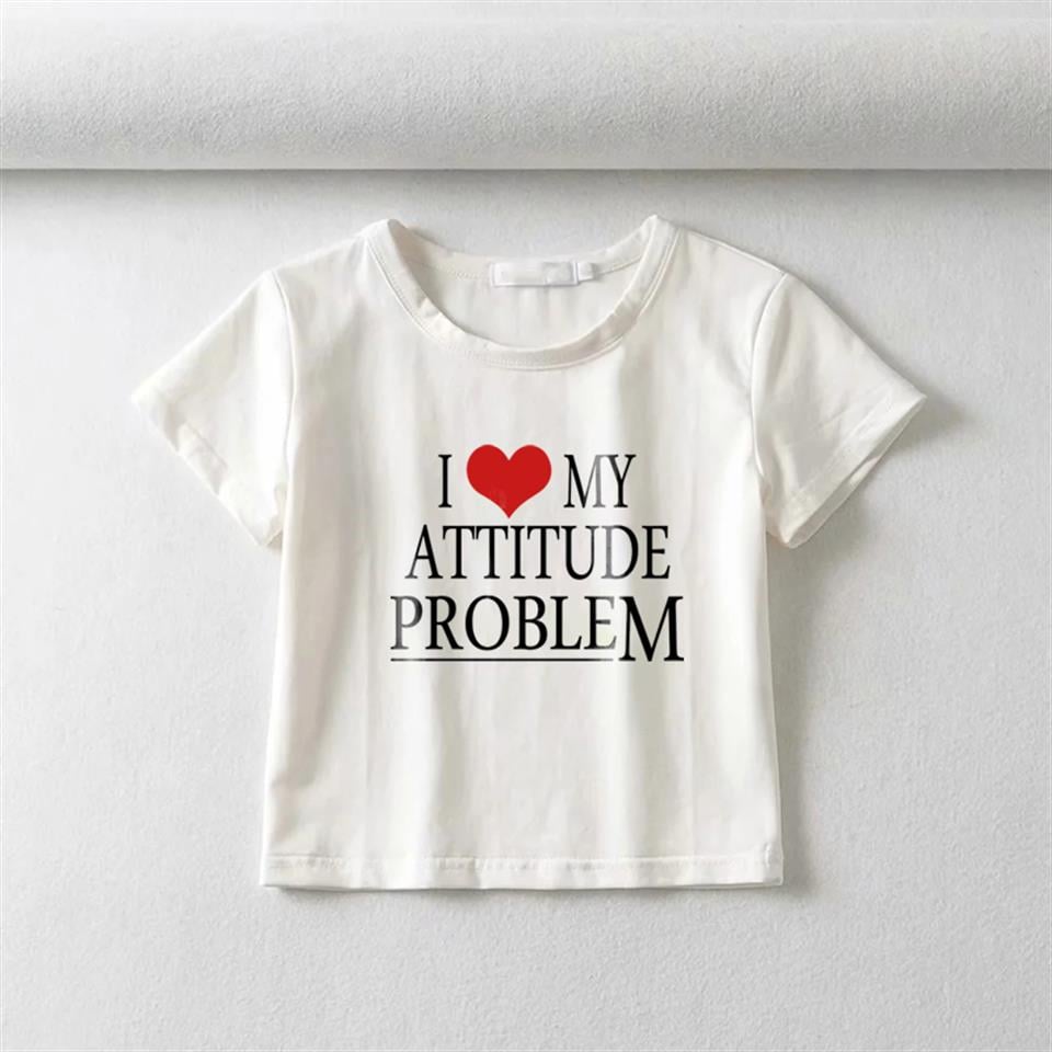 I Love My Attitude Baskılı Beyaz Crop