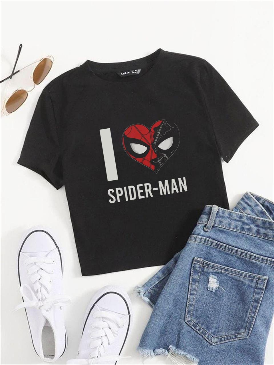 I Love Spider-Man Baskılı Ters Dikiş Siyah Crop