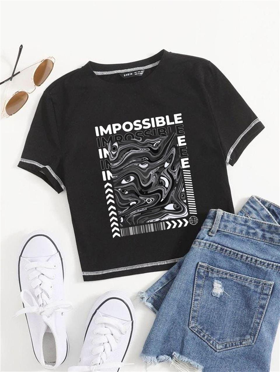 Impossible Baskılı Ters Dikiş Siyah Crop