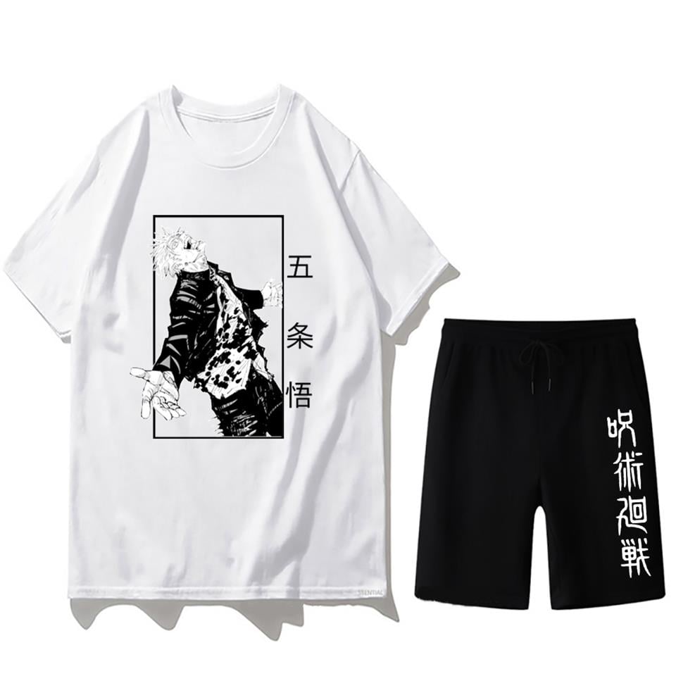 Jujutsu Kaisen Baskılı Unisex Oversize Beyaz T-shirt & Şort İkili Takım