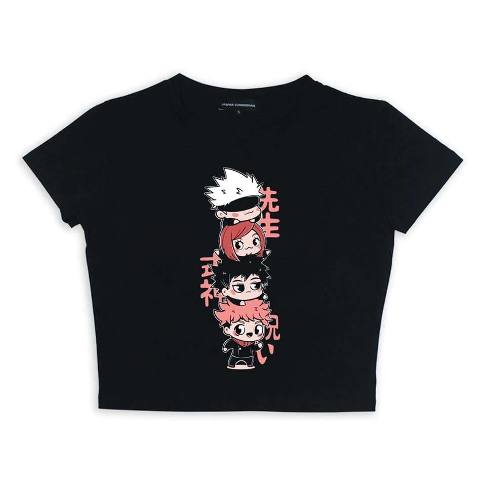 Jujutsu Kaisen Characters Baskılı Siyah Crop