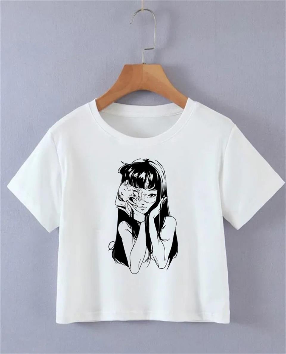 Junji Ito Baskılı Siyah Crop