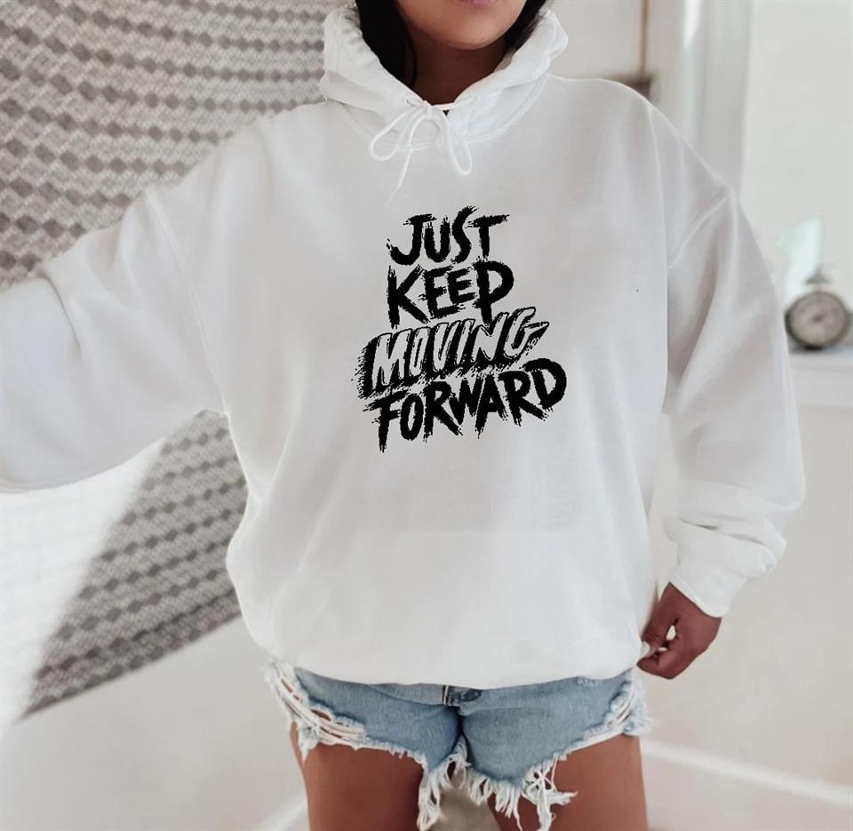 'Just Keep' Beyaz Unisex Kapüşonlu Oversize Sweatshirt Hoodie