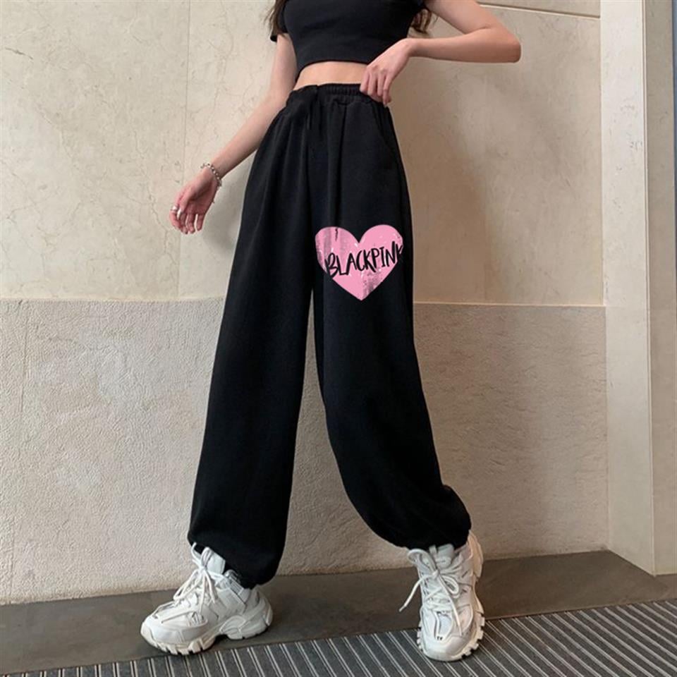 K-Pop Serisi Blackpink Heart Baskılı Oversize Unisex Siyah Eşofman Altı