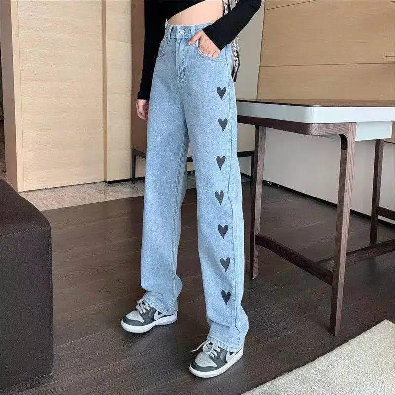 Kalp Naskış İşlemeli Streetwear Baggy Mavi Pantolon