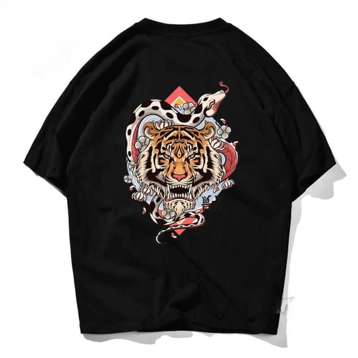 Kaplan Desen Sırt Baskılı Oversize Siyah Unisex Tshirt