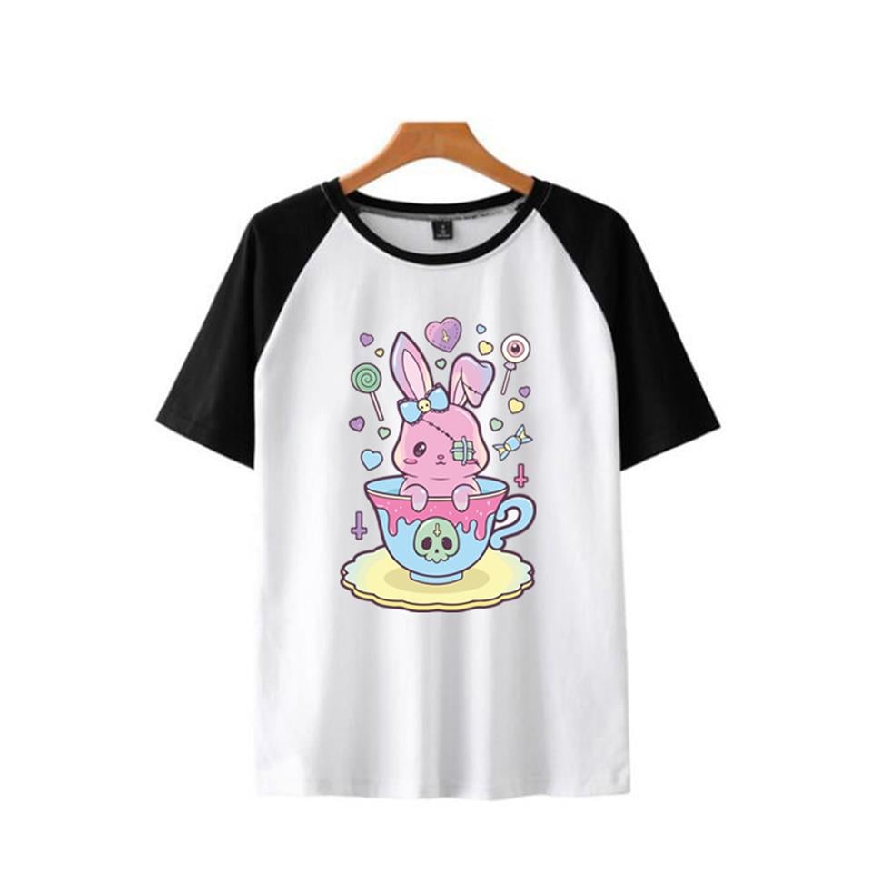 Kawaii Creepy Rabbit Baskılı Reglan Kol Beyaz Unisex Oversize T-shirt