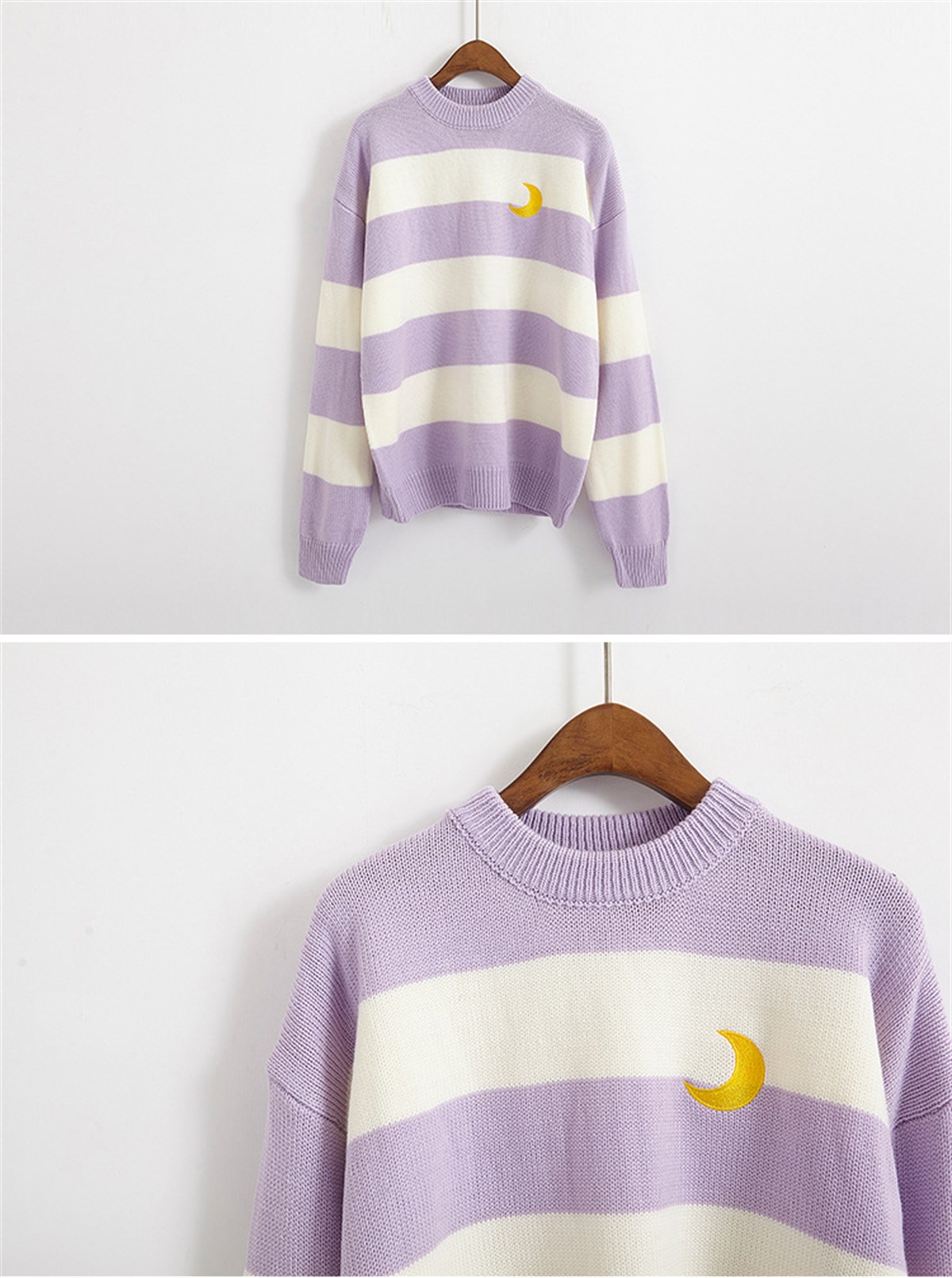 Kawaii Lila Örme Unisex Oversize Nakış Ay İşleme Çizgili Kazak