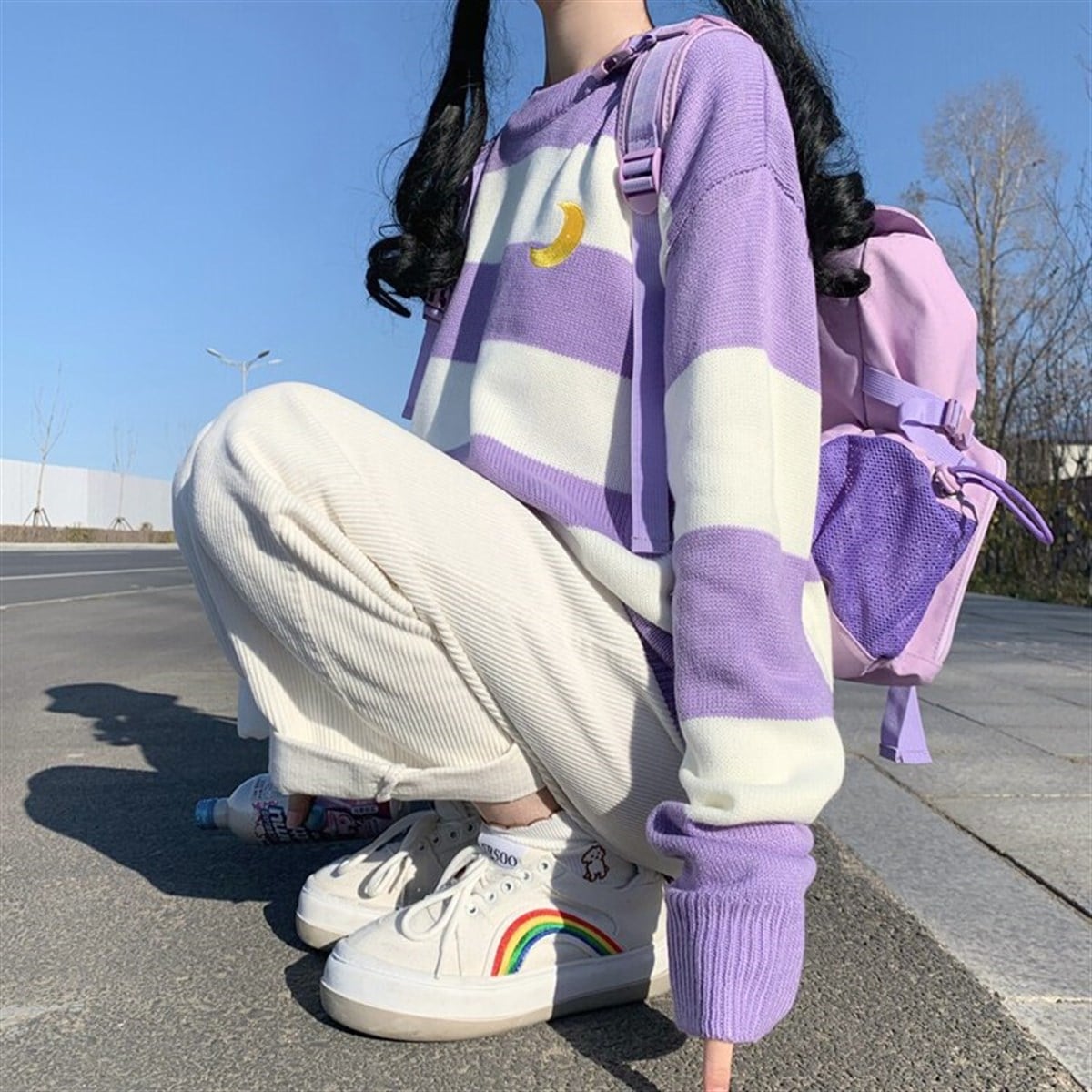 Kawaii Lila Örme Unisex Oversize Nakış Ay İşleme Çizgili Kazak