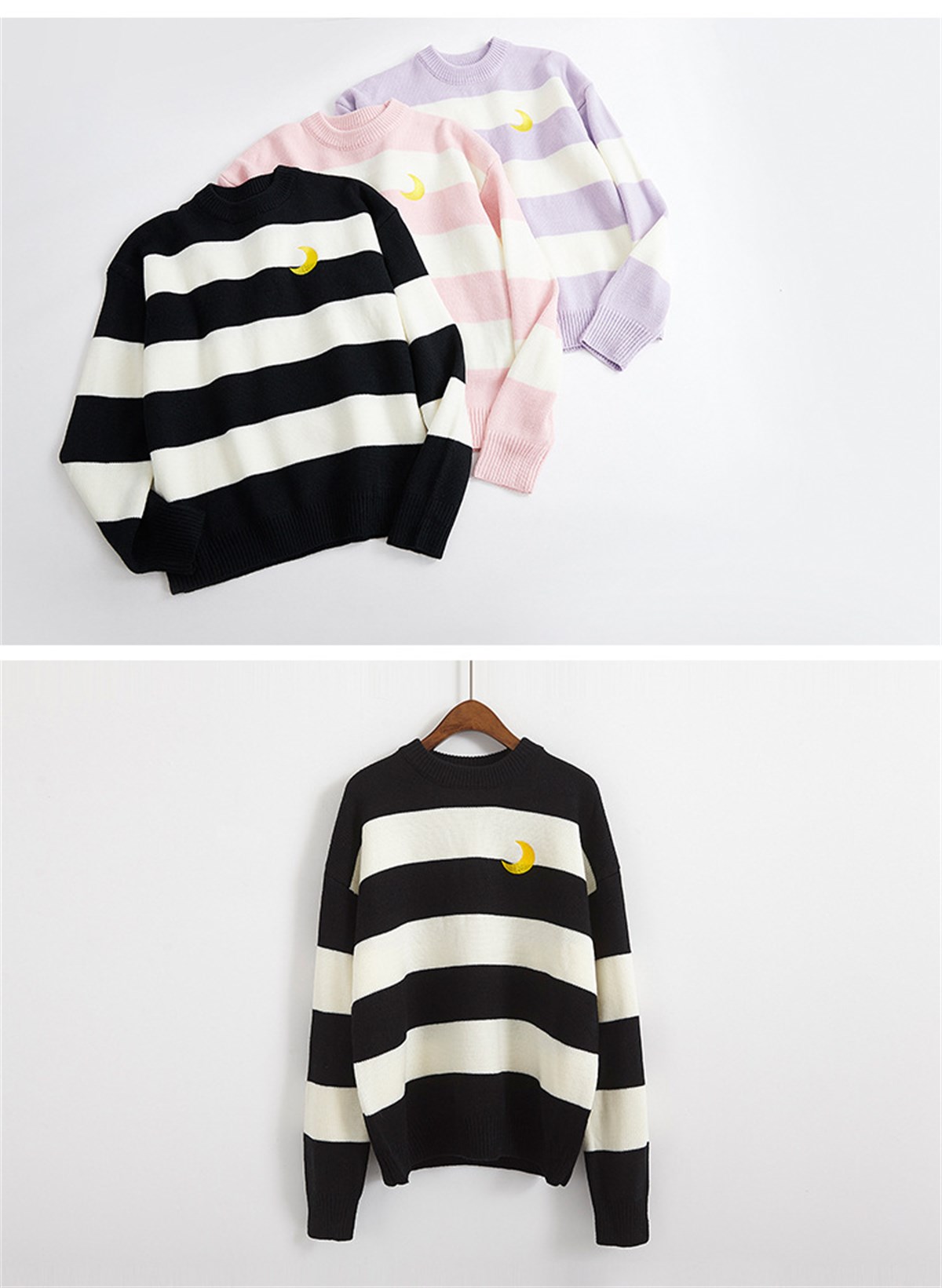 Kawaii Pembe Örme Unisex Oversize Nakış Ay İşleme Çizgili Kazak