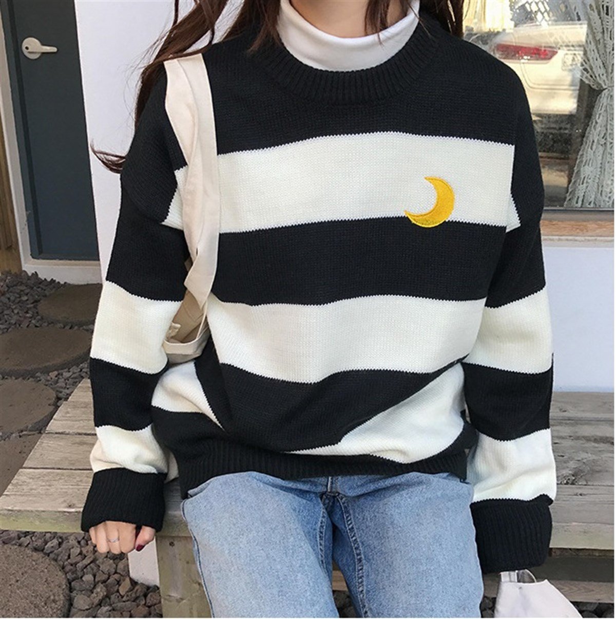 Kawaii Siyah Örme Unisex Oversize Nakış Ay İşleme Çizgili Kazak