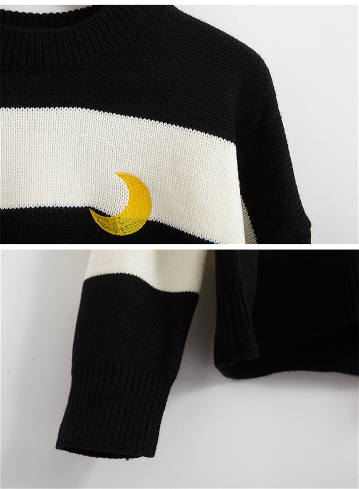 Kawaii Siyah Örme Unisex Oversize Nakış Ay İşleme Çizgili Kazak