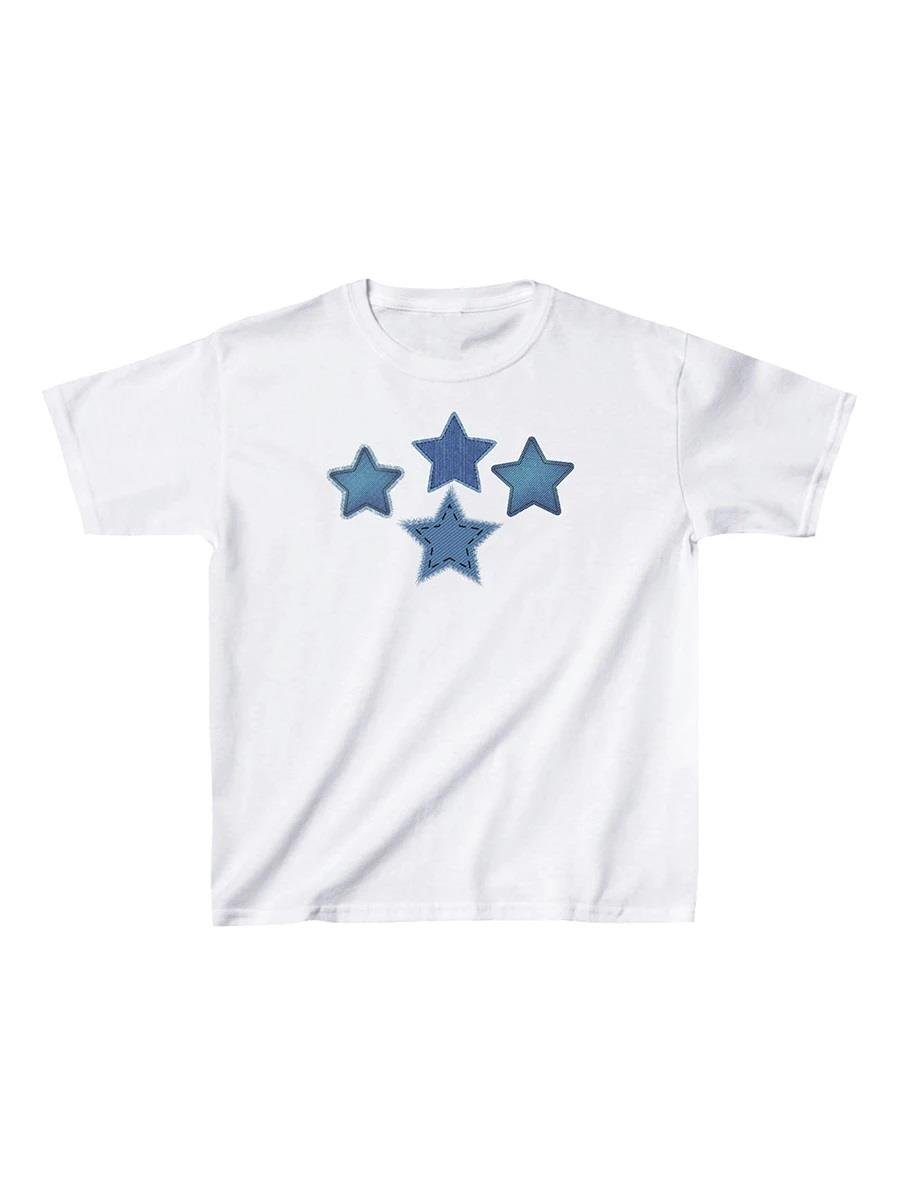 Kemer Boy Denim Star Baskılı Crop Bluz