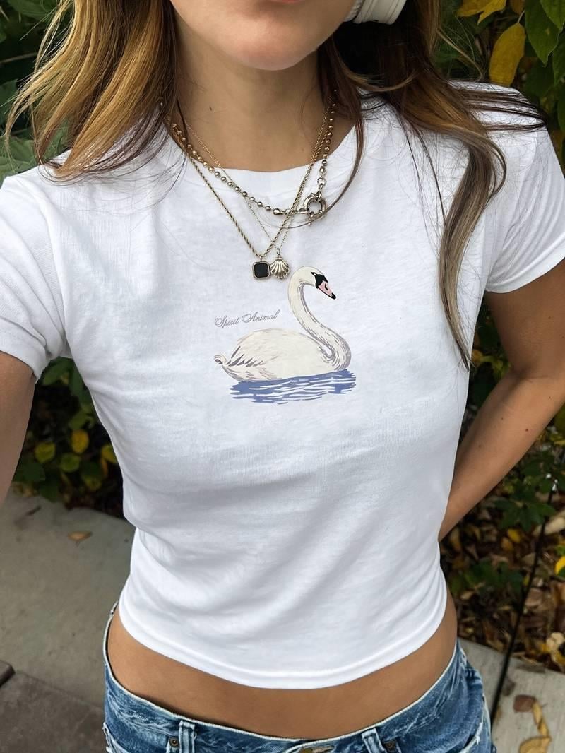 Kemer Boy Kuğu Baskılı Crop Bluz