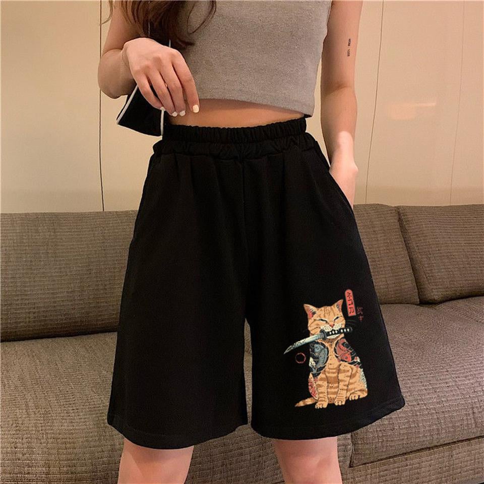 Killer Cat Baskılı Siyah Unisex Penye Şort