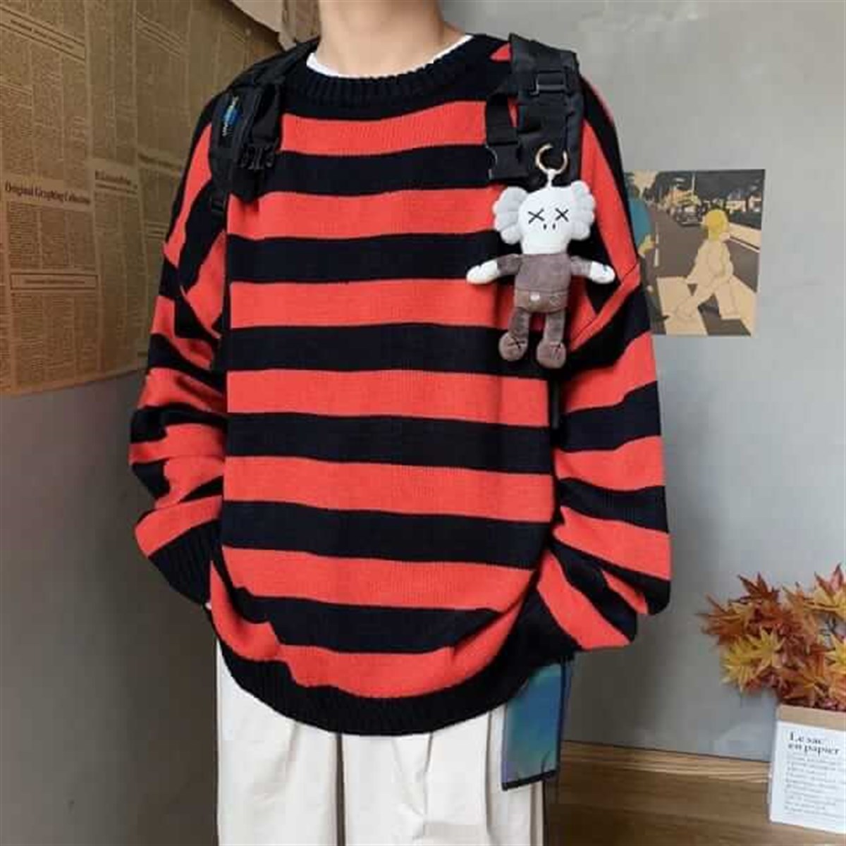 Kırzızı Siyah Çizgili Streetwear Oversize Kazak