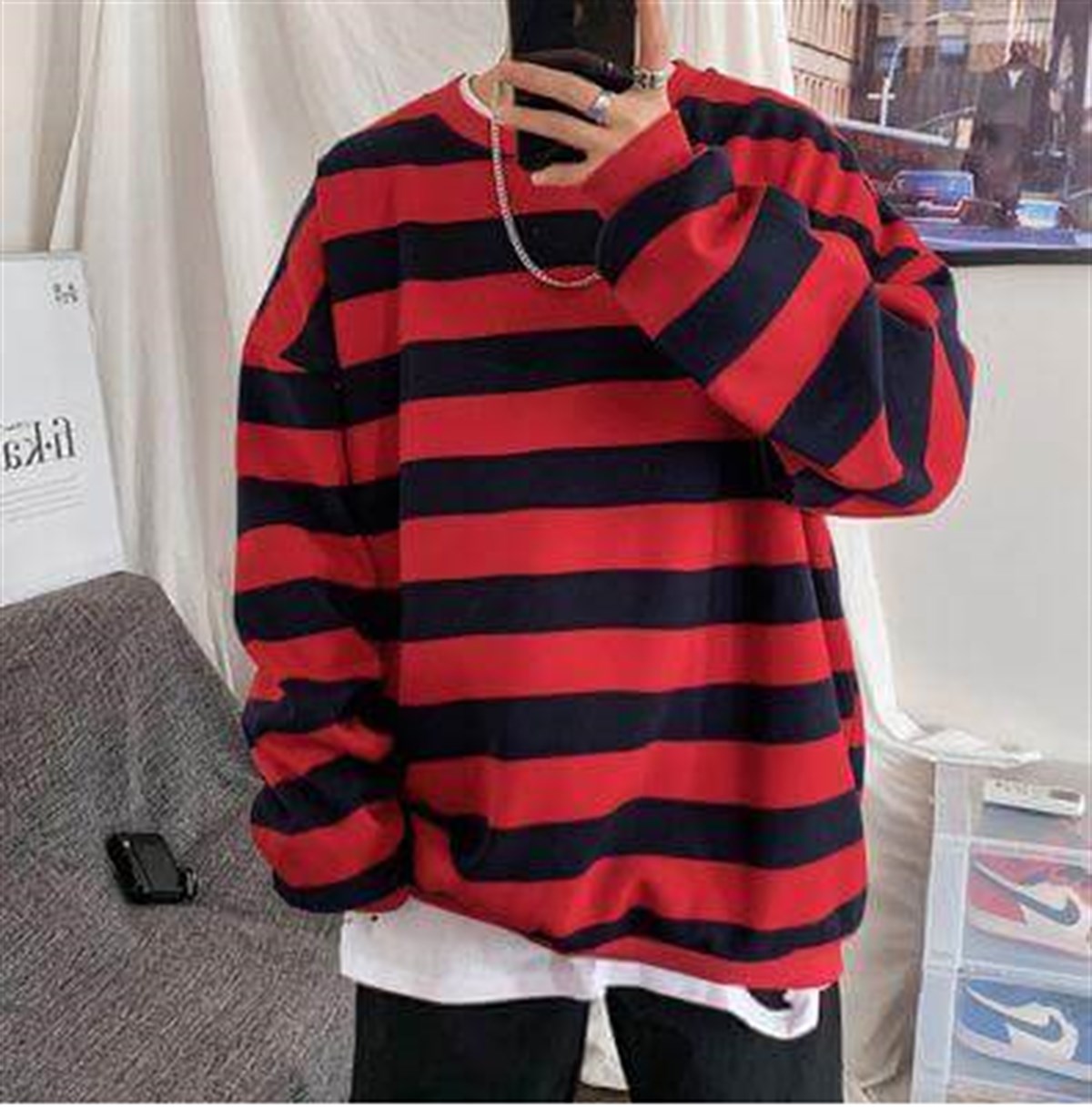 Kırzızı Siyah Çizgili Streetwear Oversize Kazak