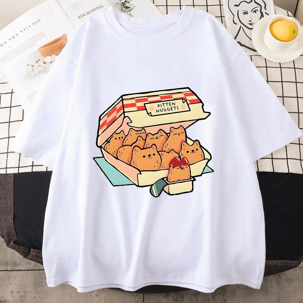 Kitten Nuggets Baskılı Beyaz Unisex Oversize T-shirt