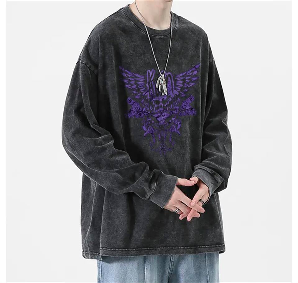 Korn Winged Symbol Baskılı Yıkamalı Vintage Unisex Oversize Bisiklet Yaka Sweatshirt
