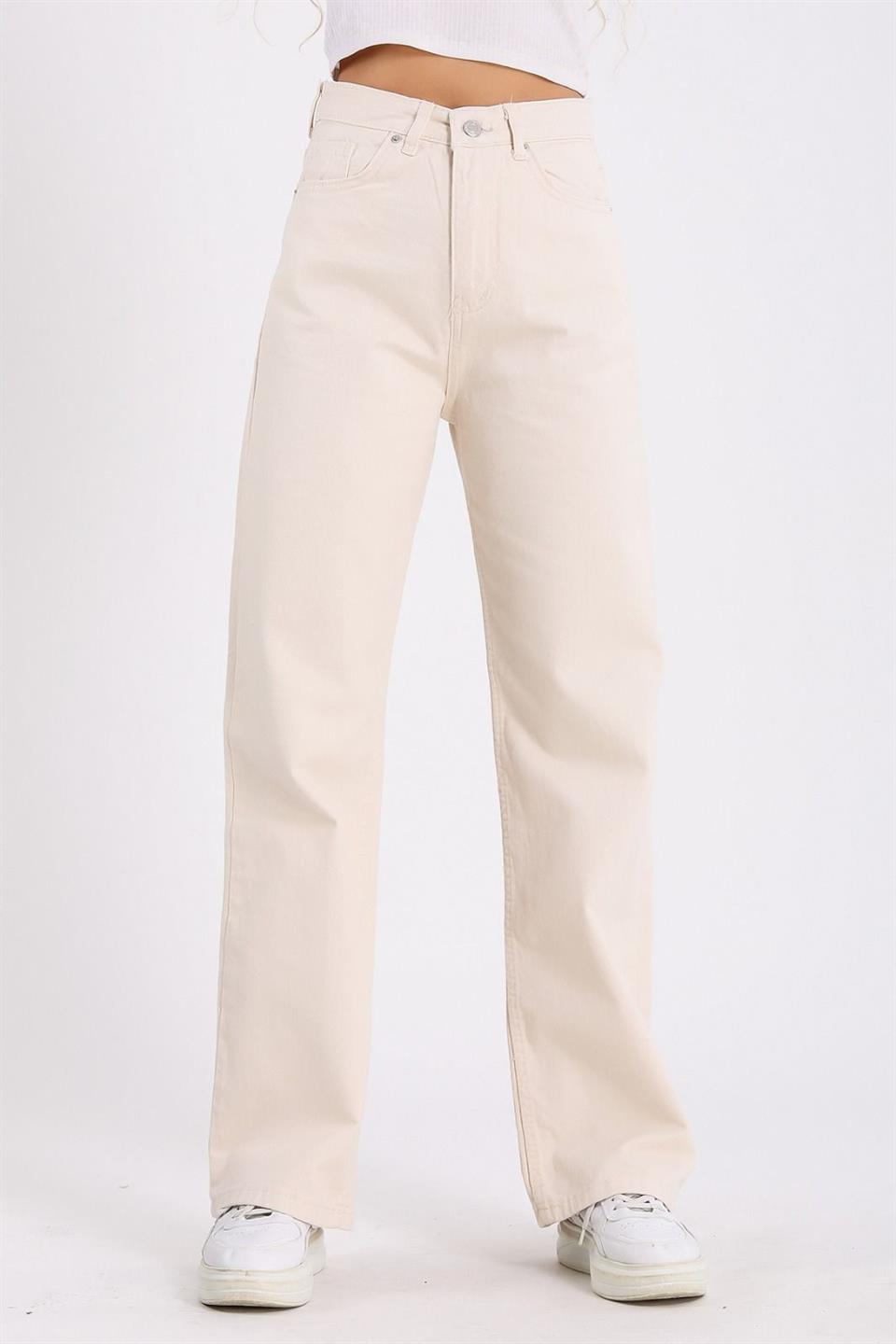 Krem Bol Paça Jean Palazzo Wide Leg Kot Pantolon