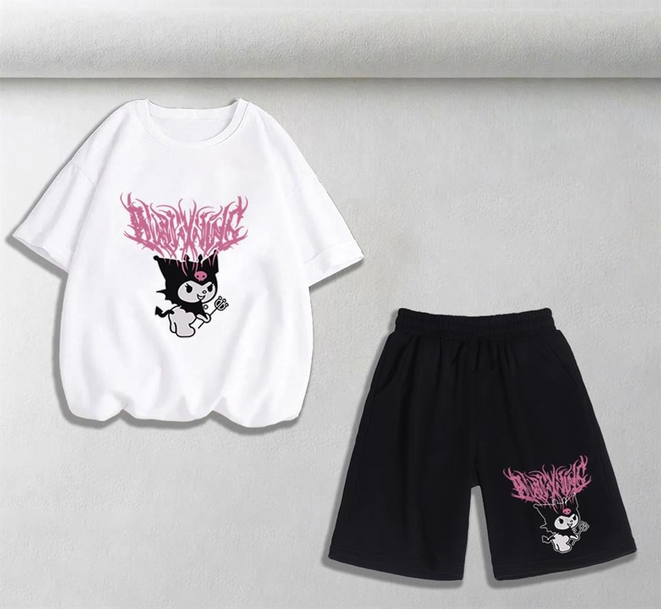 Kuromi Pink Baskılı Unisex Oversize Beyaz T-shirt & Şort İkili Takım