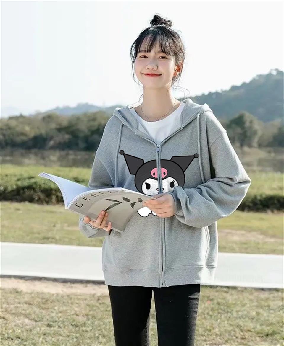 Kuromi Sitting Baskılı Oversize Fermuarlı Gri Unisex Kapüşonlu Hırka
