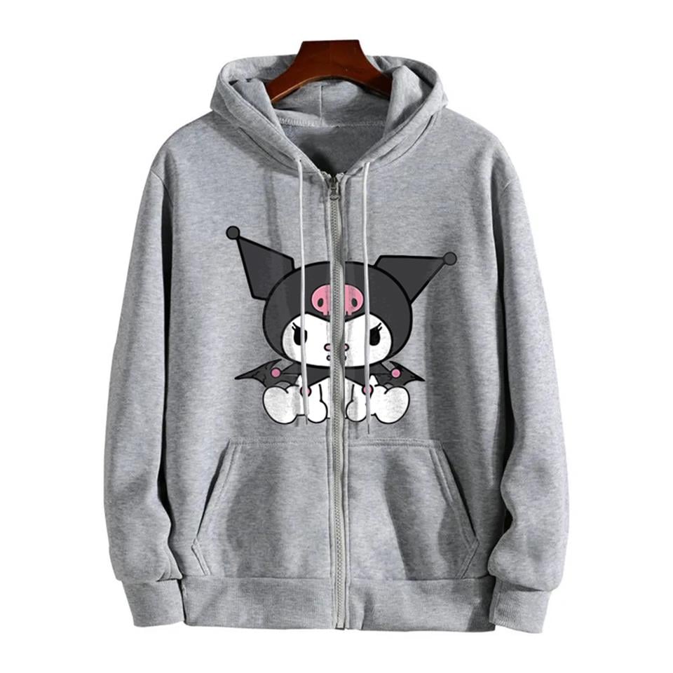 Kuromi Sitting Baskılı Oversize Fermuarlı Gri Unisex Kapüşonlu Hırka